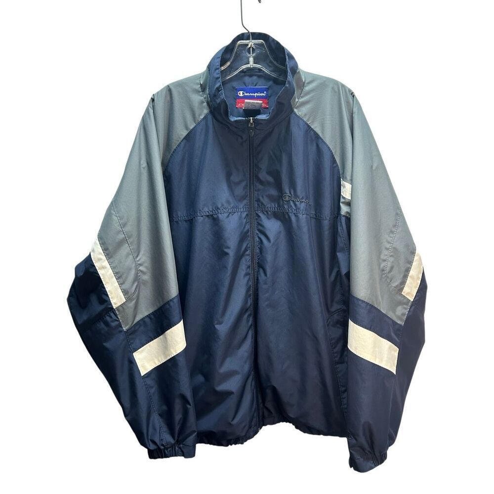 Vintage Champion Windbreaker Men's XL Navy Blue Grey White Stripe Full Zip Y2K A